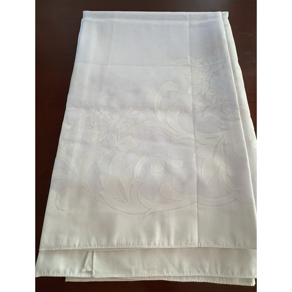 Vintage White Damask Tablecloth 84" X 66"
